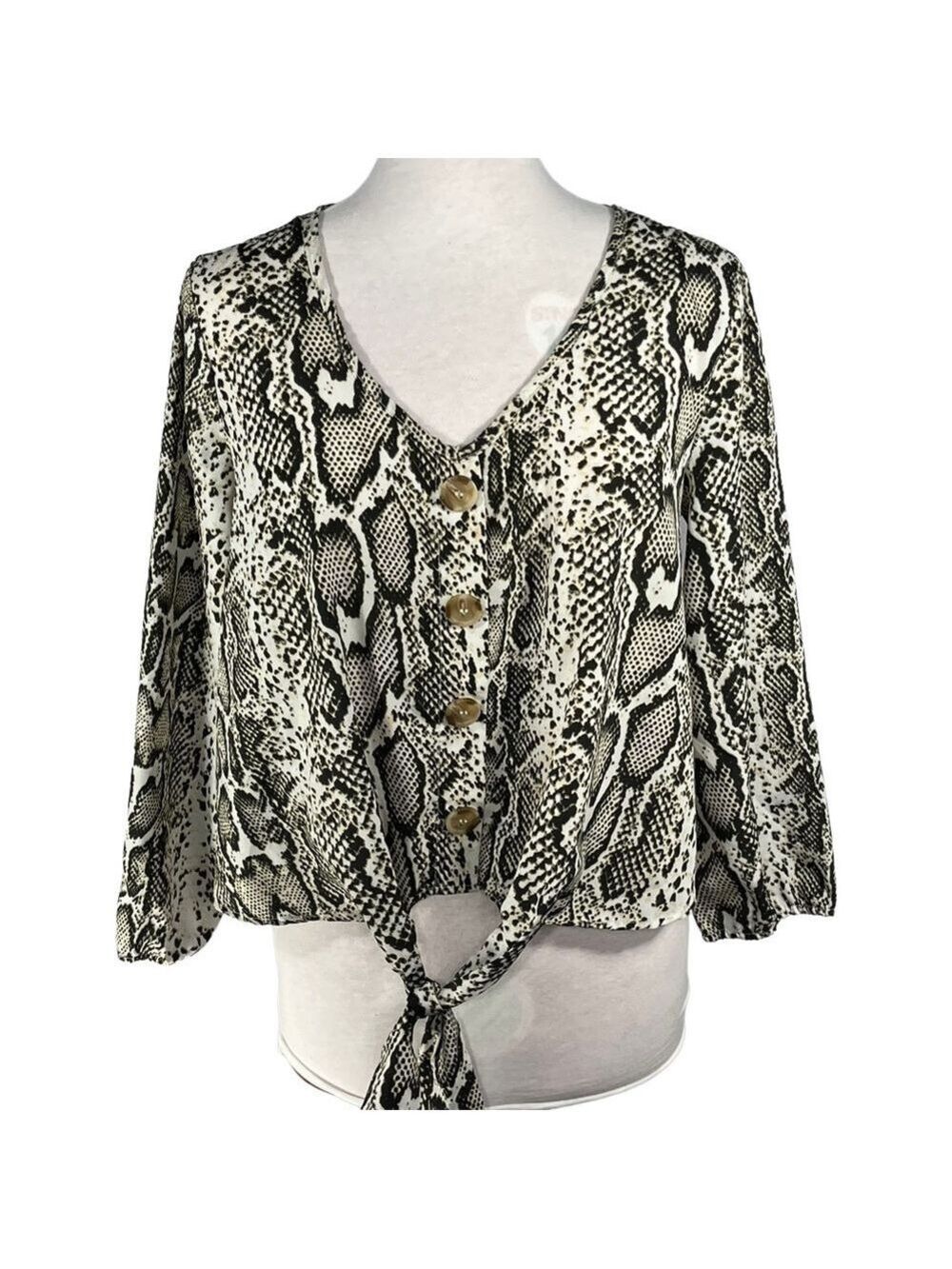 Streetwear Society snakeskin print crop top faux button down 3/4 Sleeve size M